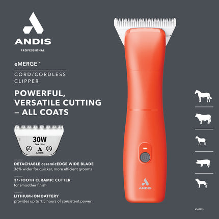 Andis eMERGE Single Speed Cordless a5 Style Clipper - Orange W/30W